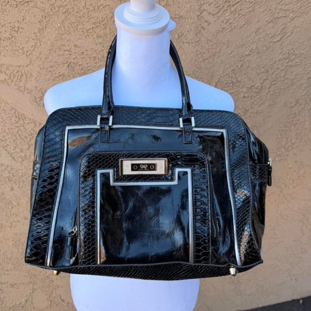 Glossy black croc embossed satchel by anya hindmarch